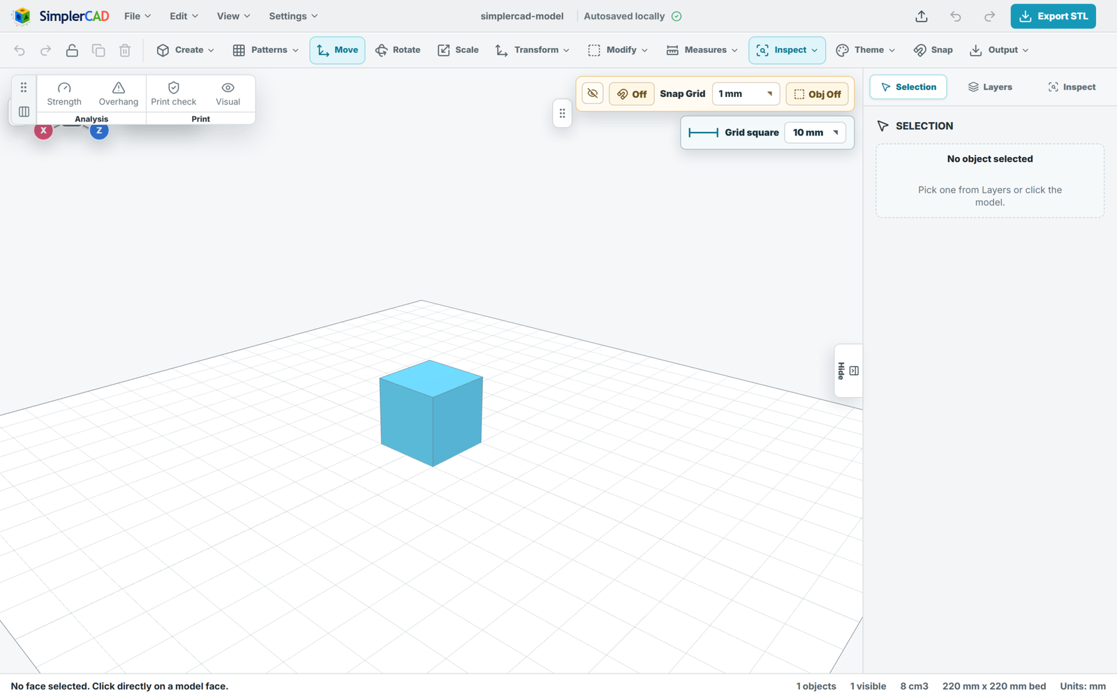 The Inspect palette: strength, overhang and print checks