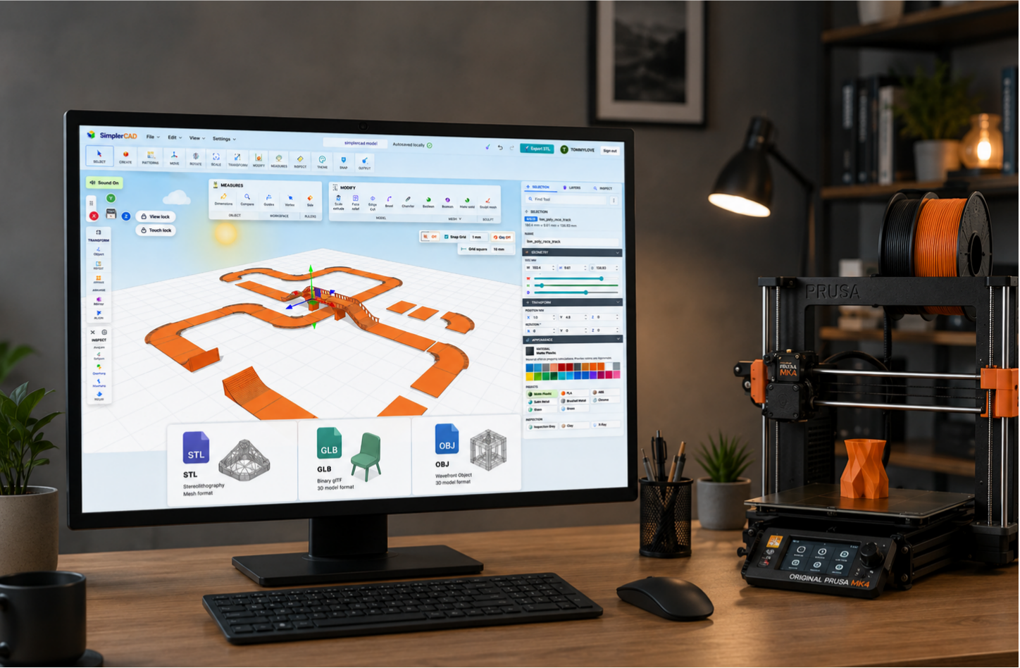 SimplerCAD browser workspace beside a 3D printer