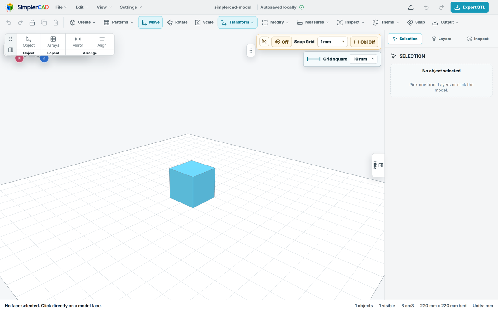 Transform tools: move/rotate/scale, arrays and alignment